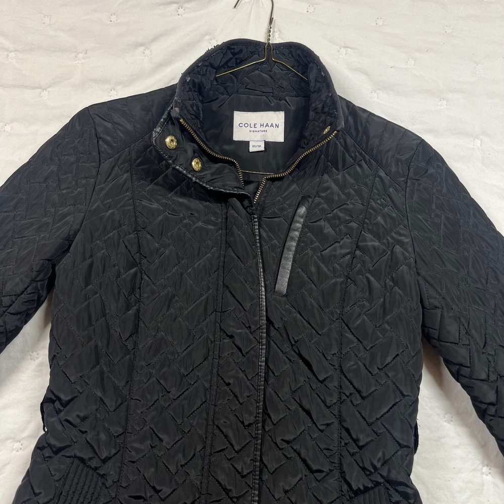 Cole Haan Signature Black Quilted Long Coat Gold Hardware Women XS